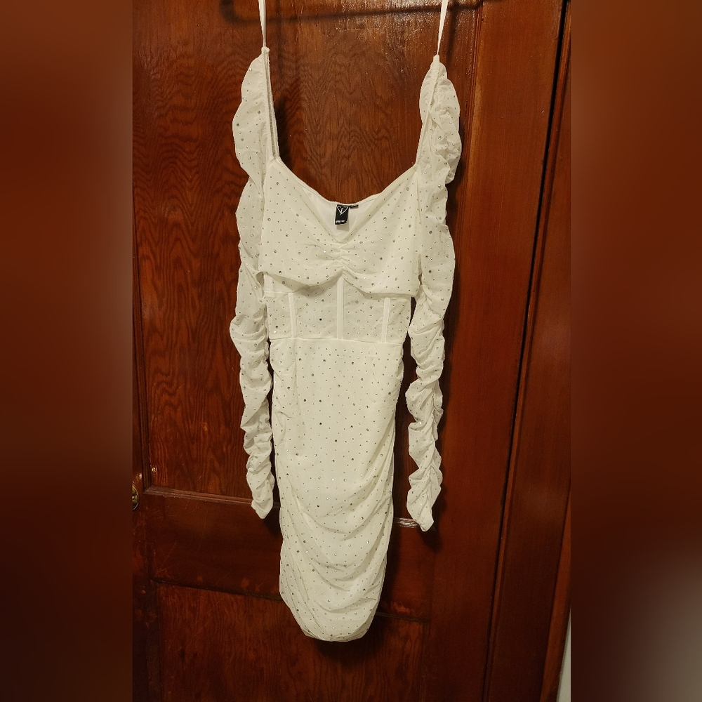 Windsor White Ruched Dress with Sparkle Accents